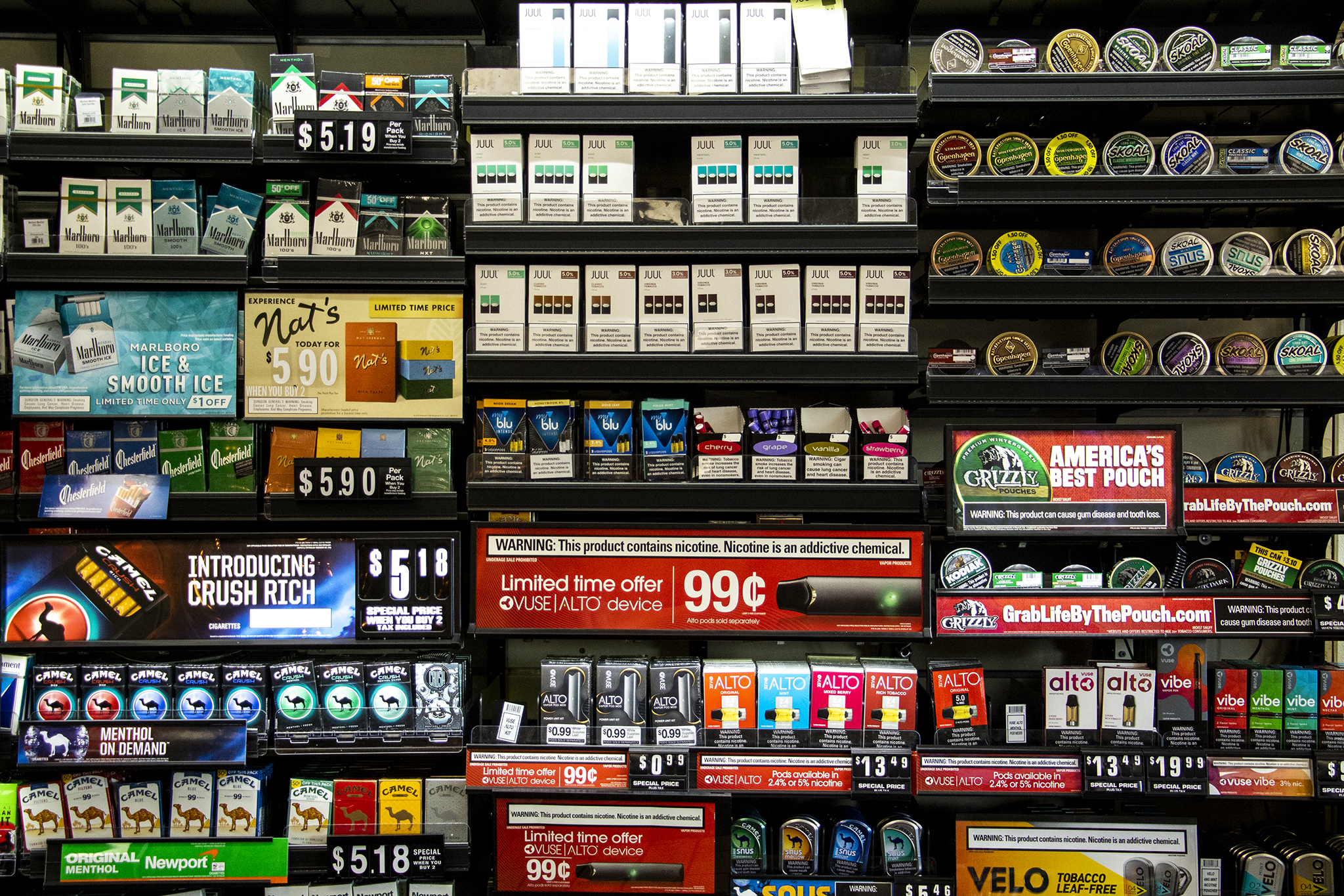 Nicotine products for sale at a City Park West convenience store in Denver, Sept. 30, 2019. 
