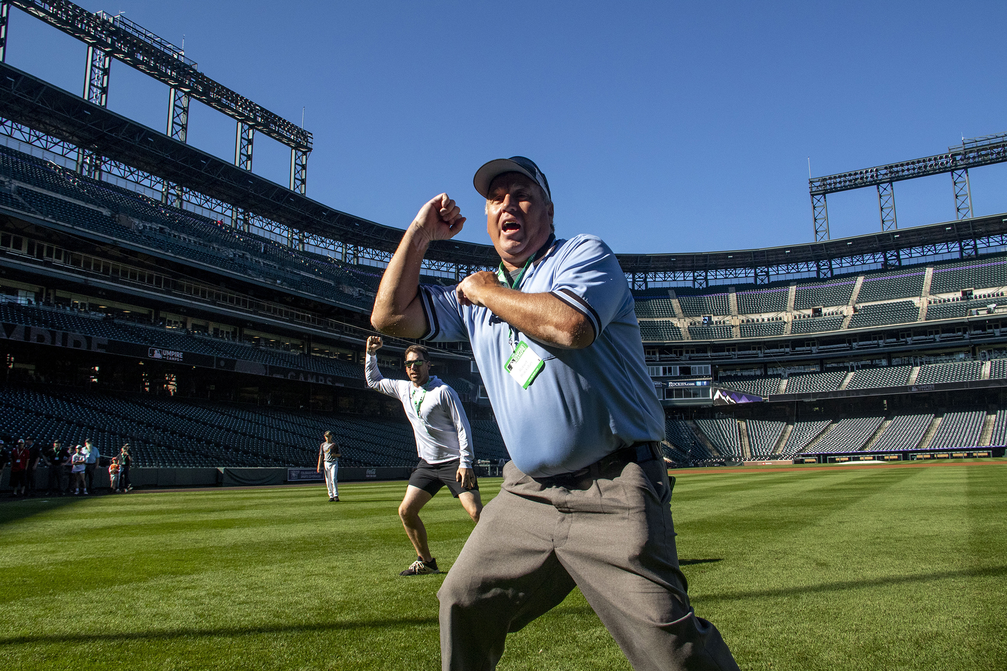 Robert Blackstun works on base calls during Major League Baseball&#039;s Umpire Camp at Coors Field. July 30, 2022.