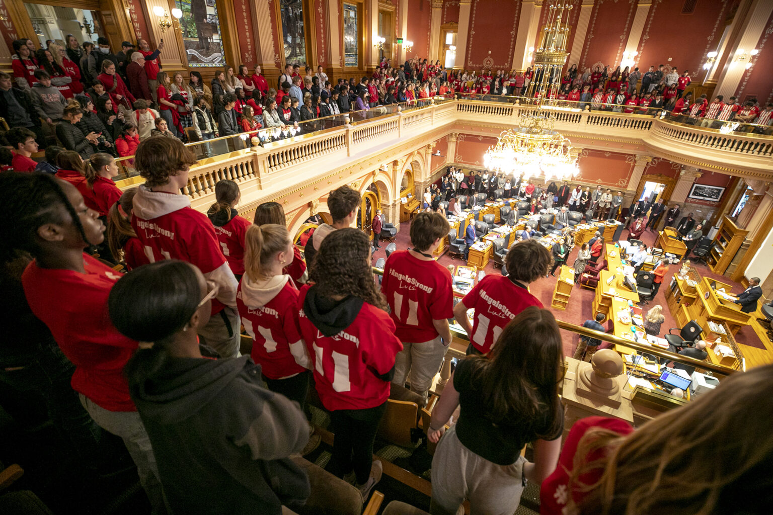 Students stand above Colorado&#039;s Senate chambers as they&#039;re recognized for protesting for stronger gun control measures. March 3, 2023.