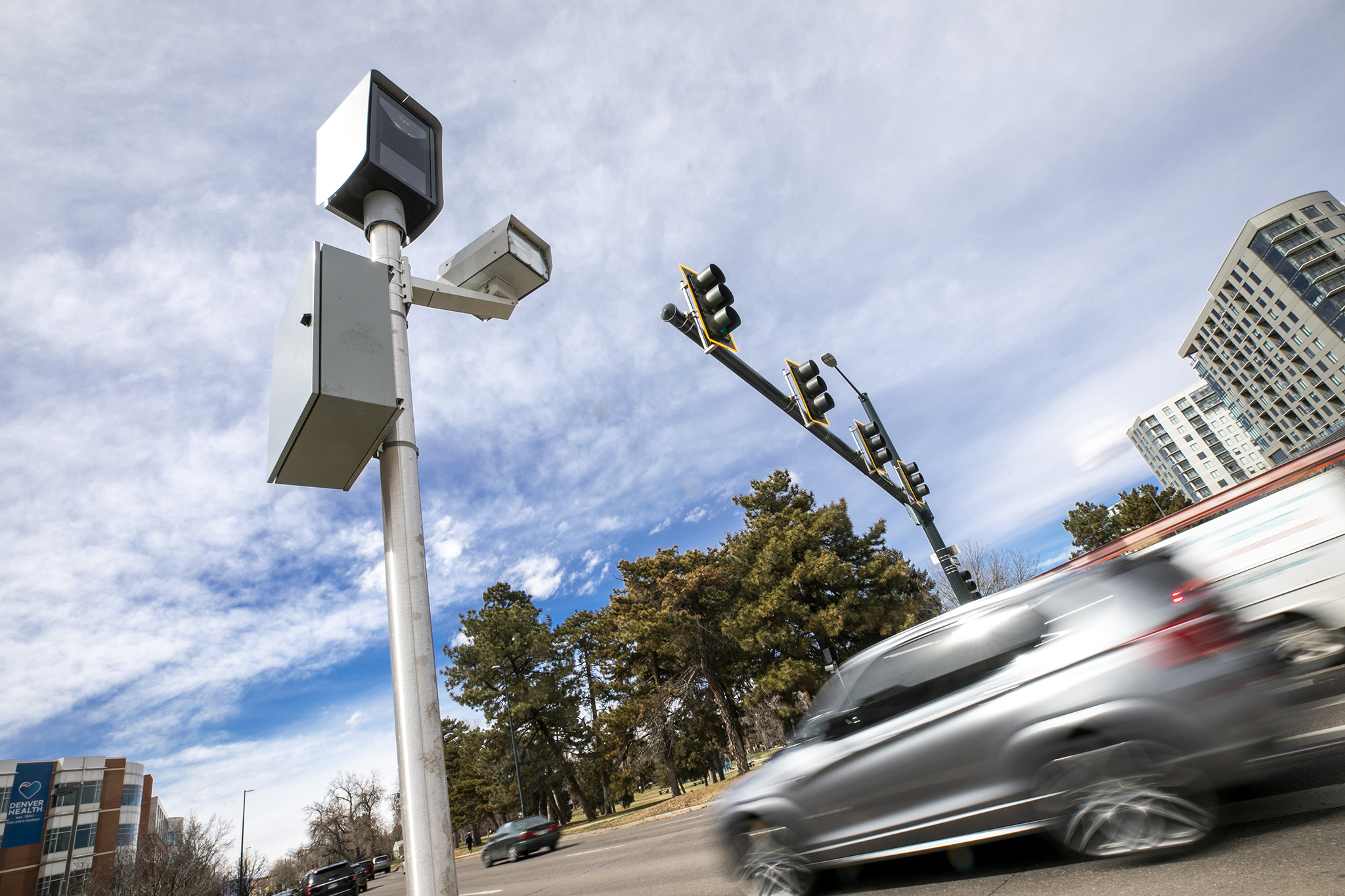 A camera that catches people running red lights at 8th Avenue and Speer Boulevard at the edge of Denver&#039;s La Alma/Lincoln Park neighborhood. March 21, 2023.