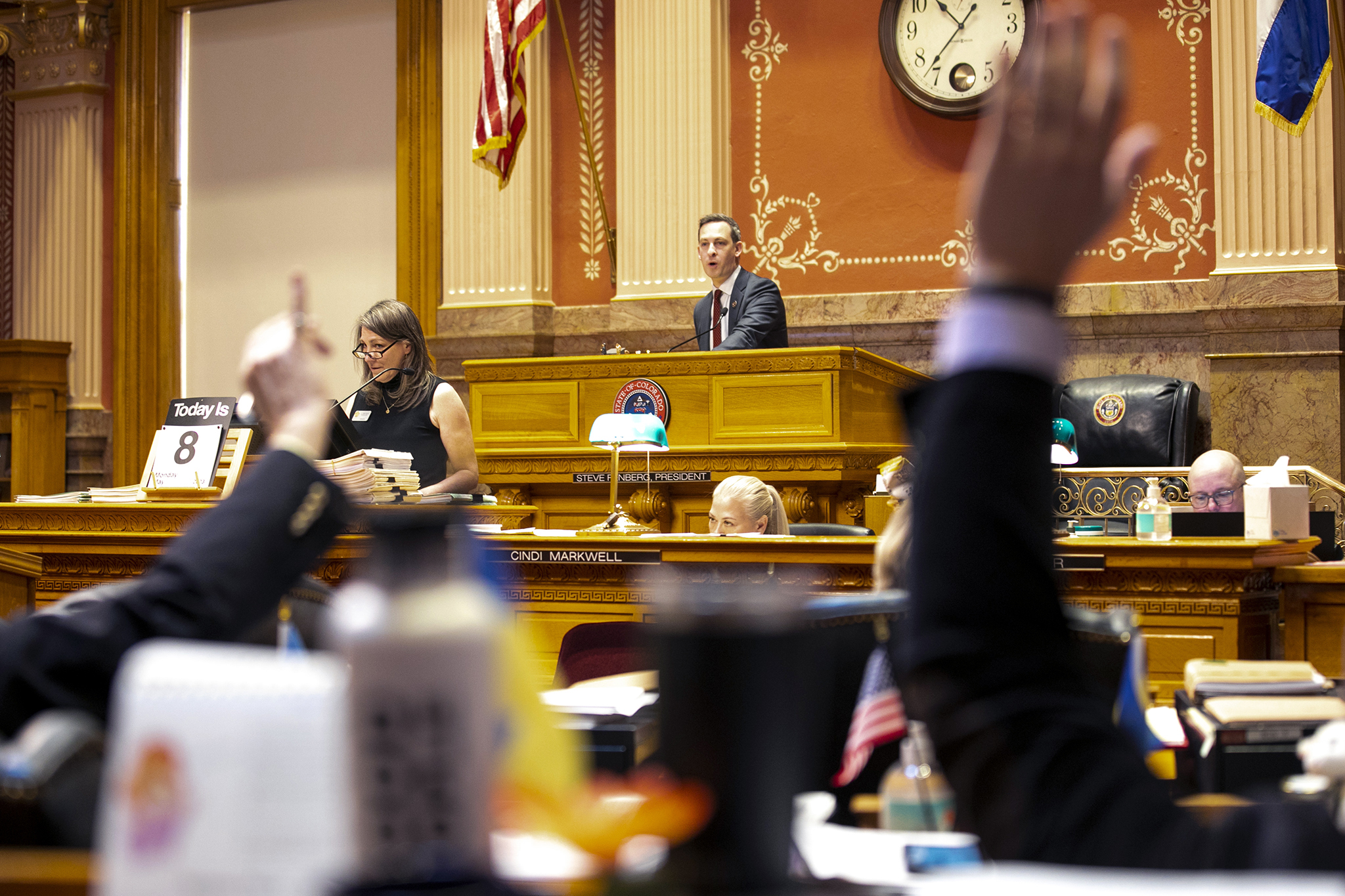 State Senate president Steve Fenberg at the dais on the last day of the legislative session. May 8, 2023.