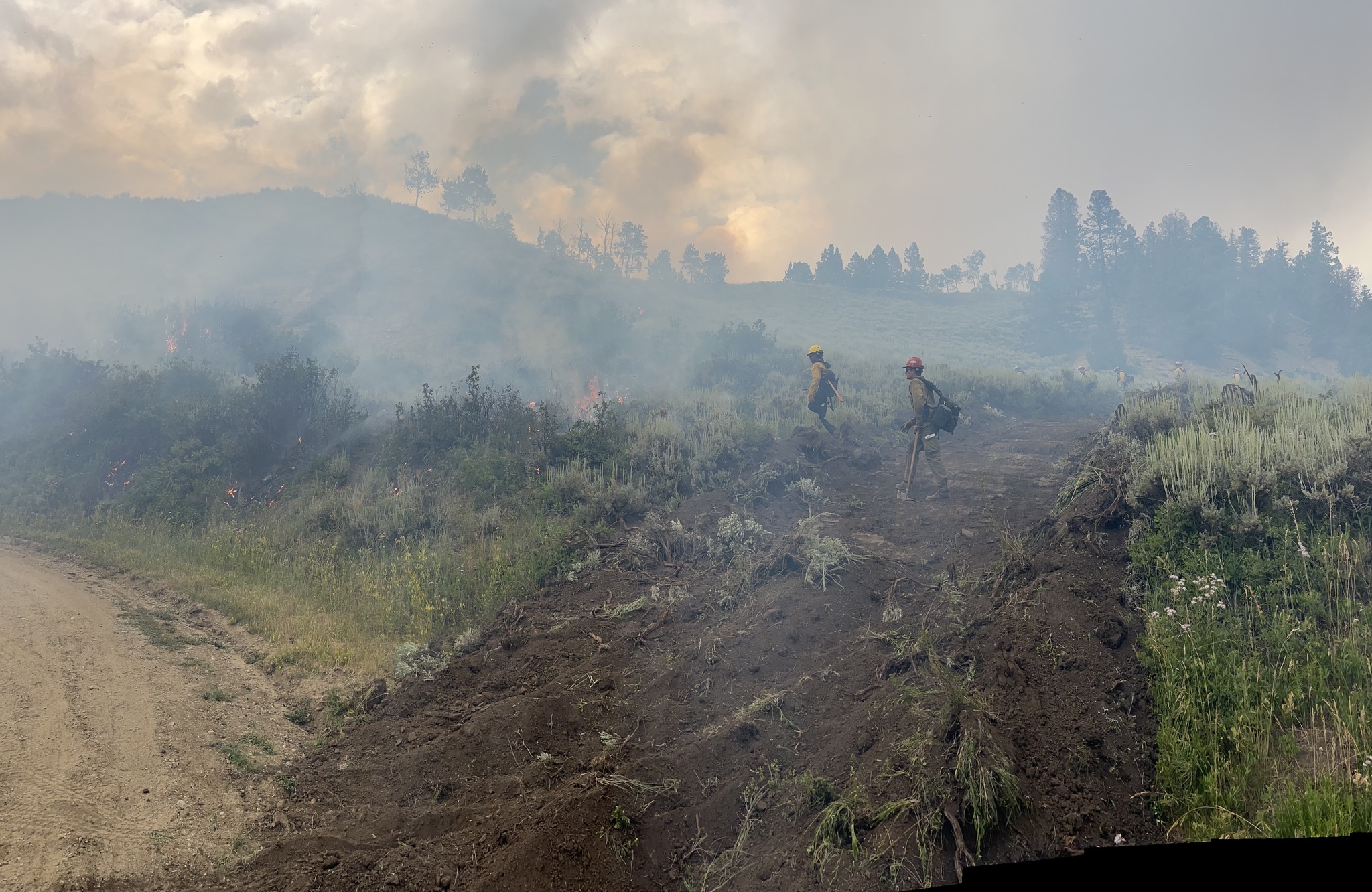 Firefighters build containment lines as part of the response to the Lowline fire north of Gunnison, Sunday, July 30, 2023.
