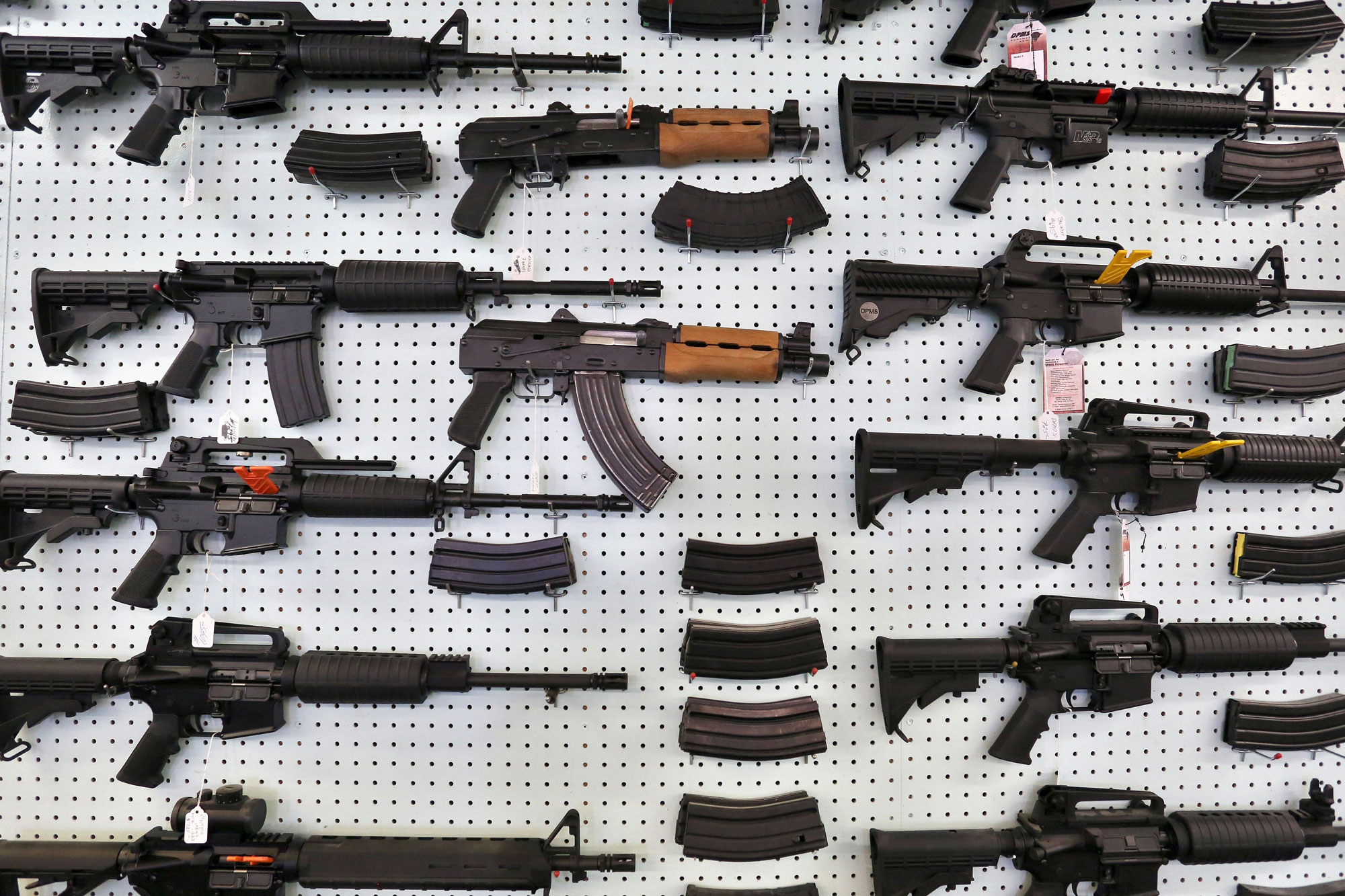 Guns are displayed at Dragonman&#039;s, an arms seller east of Colorado Springs.
