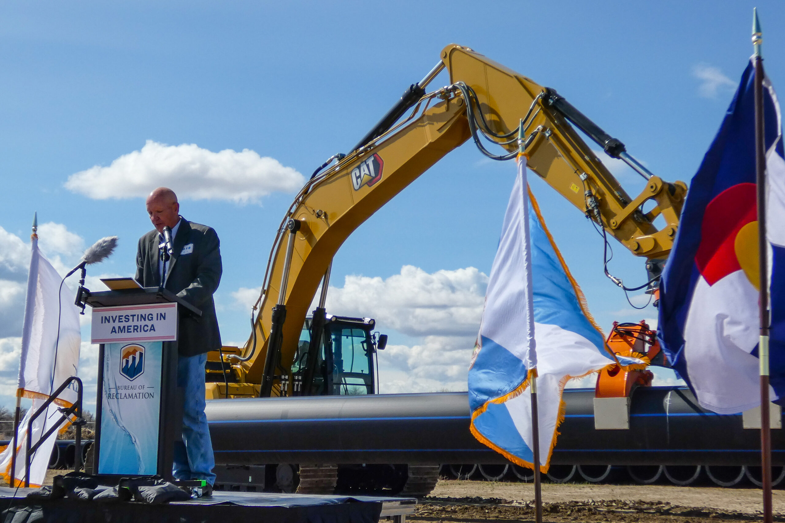Bill Long, President of the Southeastern Colorado Water Conservancy District speaks during the ground breaking ceremony for the Arkansas Valley Conduit Project that will bring clean drinking water to some 50,000 people in the region. (April 28, 2023)