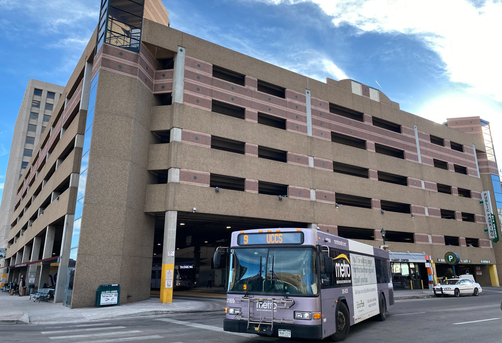 A Mountain Metro Transit bus leaves the downtown Colorado Springs terminal.