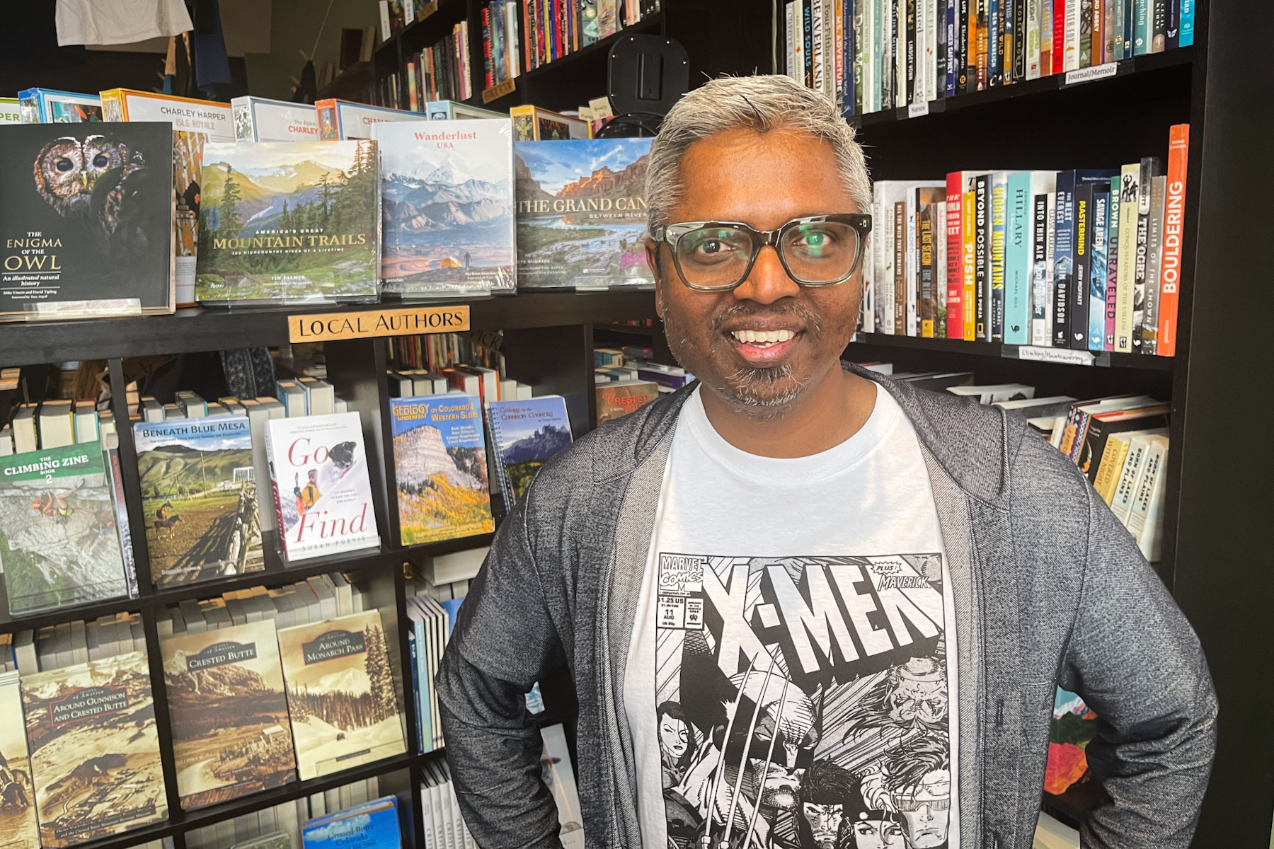 Arvin Ramgoolam at his bookstore, Townie Books, in Crested Butte. 