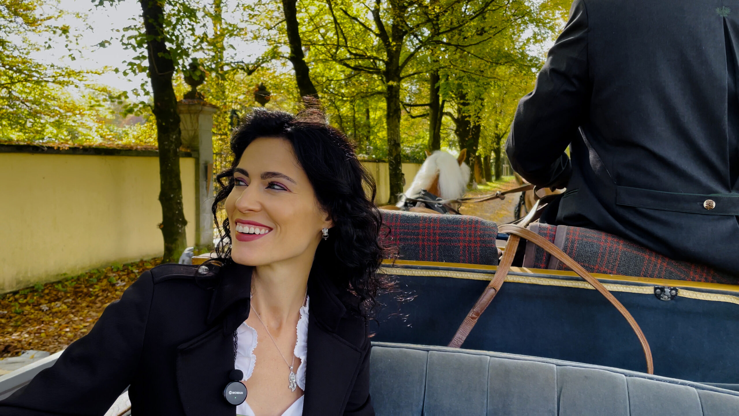 Pianist Katie Mahan in a traditional Austrian horse-drawn carriage.
