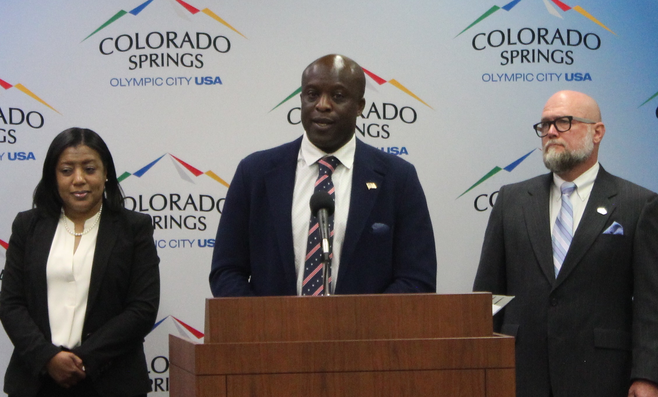 Colorado Springs Mayor Yemi Mobolade (center) has created the Mayor&#039;s Office of Community Affairs. Danielle Summerville, (left) will serve as cultural and community outreach programs manager. Thomas Thompson (right) has been named community affairs advisor.