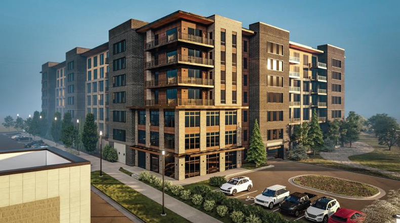 A concept plan for the Creekwalk Apartments development proposal just west of South Nevada Avenue and near I-25. The project includes a 7-story, 400-unit apartment building with 548 parking stalls.