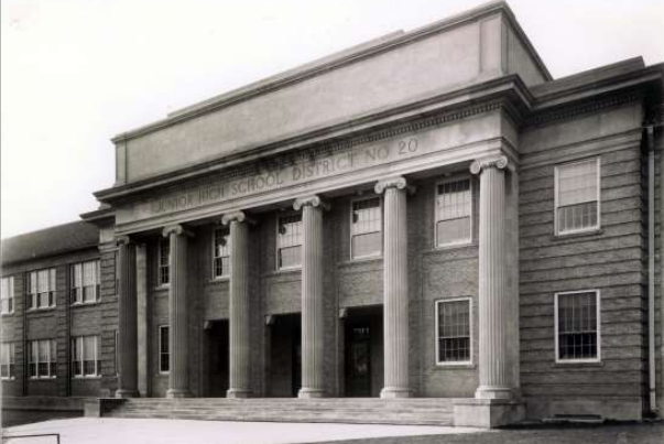 This undated view of the front entrance to Keating School shows details of the front portico, including the colossal Ionic columns. Photo from the application for consideration to the National Register of Historic Places.
